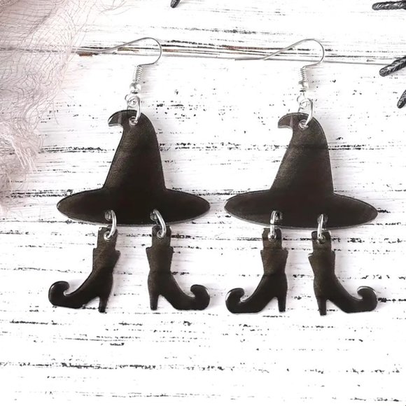 Witch Earrings Dangle Halloween Hat Boots Wicked Party Costume Fun Black Trendy - Picture 1 of 4
